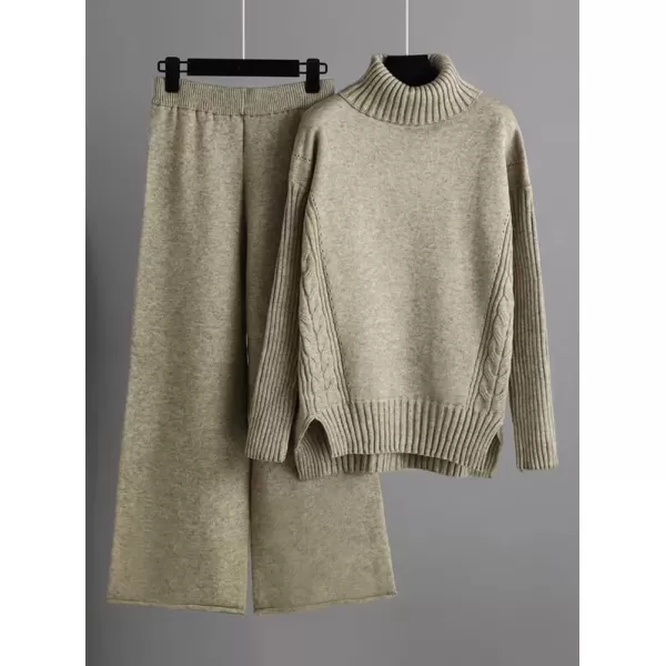 imagechouyatou Womens Fall 2 Piece Outfits Turtleneck Cable Knit Sweater Wide Leg Pant Sets Lounge SetsKhaki