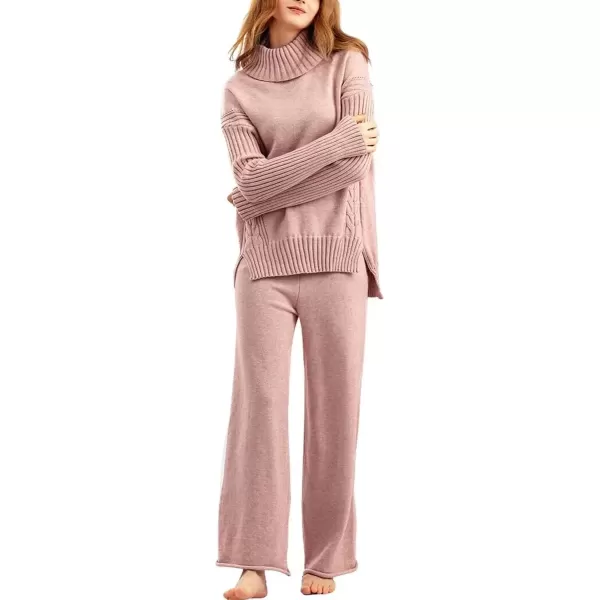 imagechouyatou Womens Fall 2 Piece Outfits Turtleneck Cable Knit Sweater Wide Leg Pant Sets Lounge SetsPink
