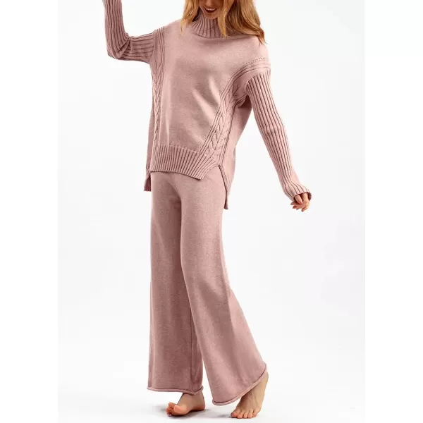 imagechouyatou Womens Fall 2 Piece Outfits Turtleneck Cable Knit Sweater Wide Leg Pant Sets Lounge SetsPink