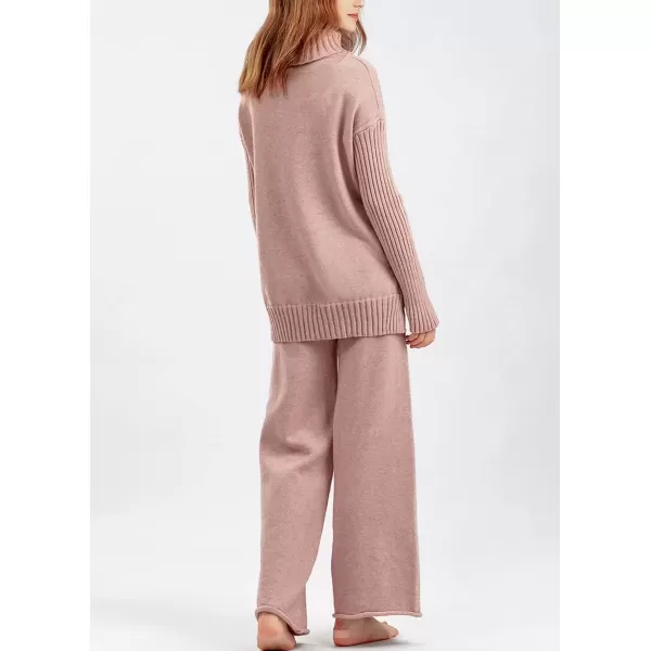 imagechouyatou Womens Fall 2 Piece Outfits Turtleneck Cable Knit Sweater Wide Leg Pant Sets Lounge SetsPink