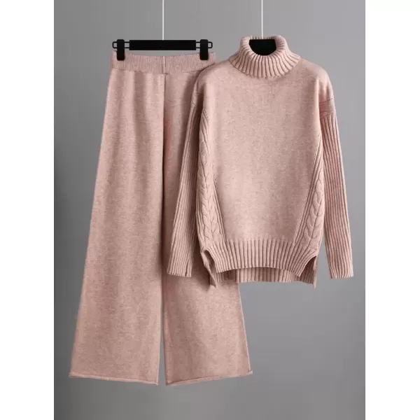 imagechouyatou Womens Fall 2 Piece Outfits Turtleneck Cable Knit Sweater Wide Leg Pant Sets Lounge SetsPink