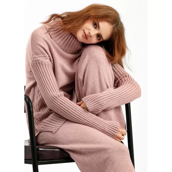 imagechouyatou Womens Fall 2 Piece Outfits Turtleneck Cable Knit Sweater Wide Leg Pant Sets Lounge SetsPink