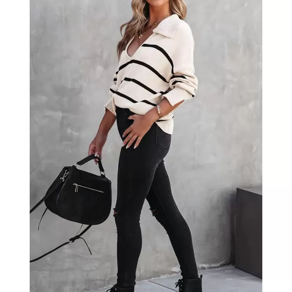 imagechouyatou Womens Fall Casual VNEC Striped Sweater Loose Fit Polo Collared Knit Sweater Jumper TopBeige