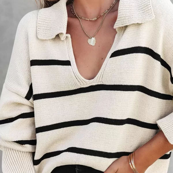 imagechouyatou Womens Fall Casual VNEC Striped Sweater Loose Fit Polo Collared Knit Sweater Jumper TopBeige