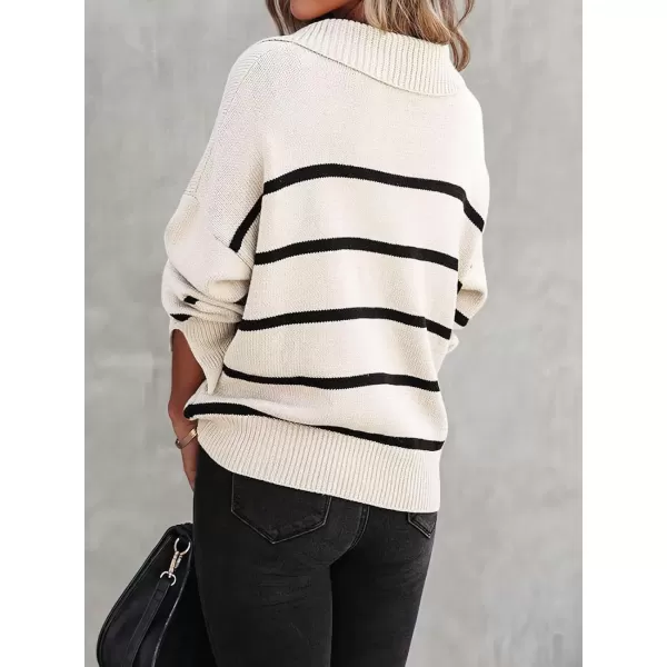 imagechouyatou Womens Fall Casual VNEC Striped Sweater Loose Fit Polo Collared Knit Sweater Jumper TopBeige
