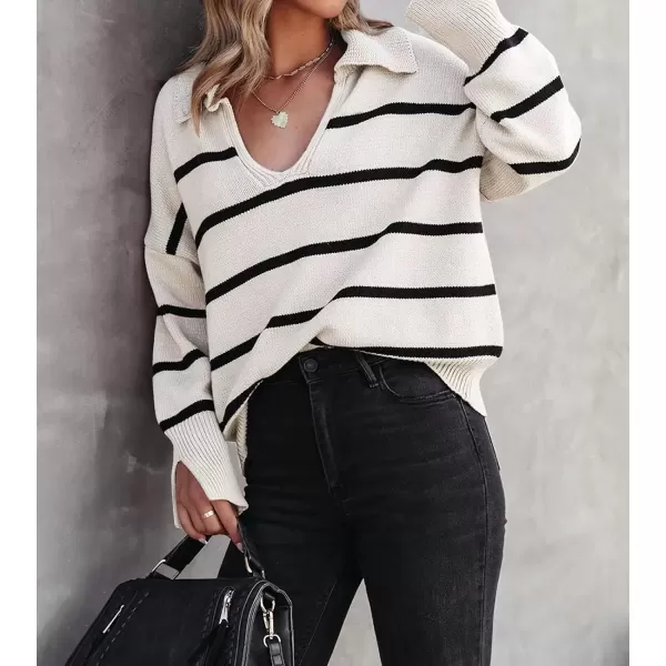 imagechouyatou Womens Fall Casual VNEC Striped Sweater Loose Fit Polo Collared Knit Sweater Jumper TopBeige