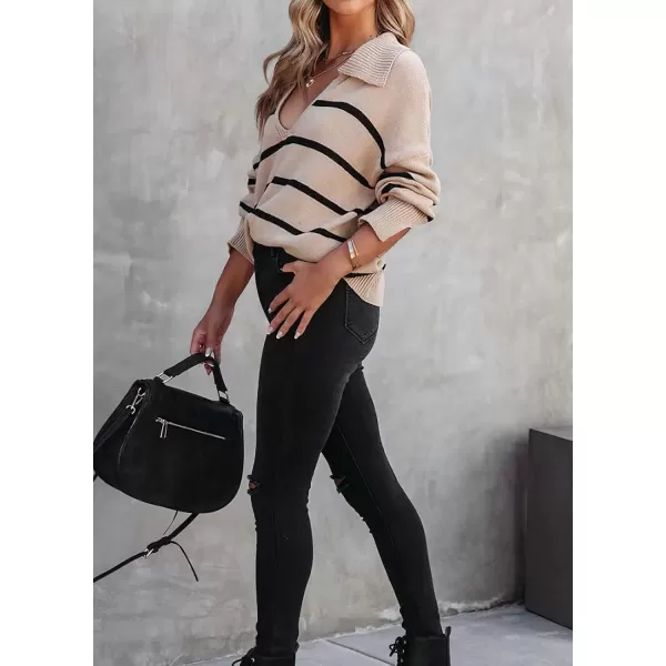 imagechouyatou Womens Fall Casual VNEC Striped Sweater Loose Fit Polo Collared Knit Sweater Jumper TopKhaki