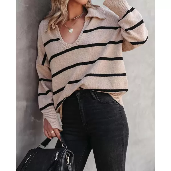 imagechouyatou Womens Fall Casual VNEC Striped Sweater Loose Fit Polo Collared Knit Sweater Jumper TopKhaki