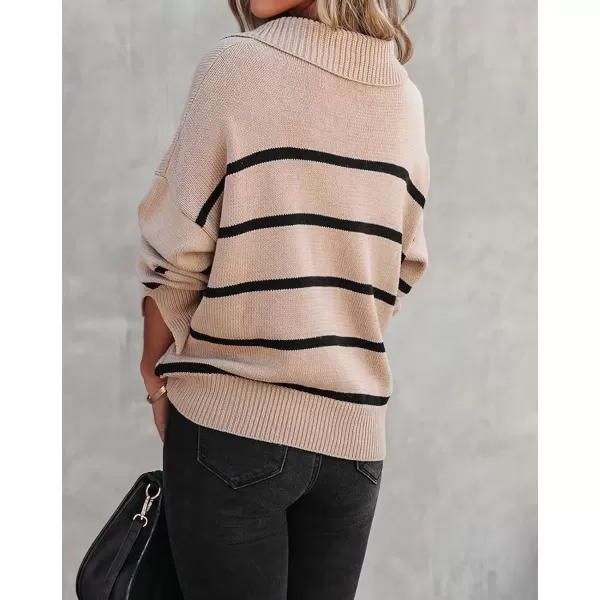 imagechouyatou Womens Fall Casual VNEC Striped Sweater Loose Fit Polo Collared Knit Sweater Jumper TopKhaki