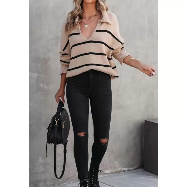 imagechouyatou Womens Fall Casual VNEC Striped Sweater Loose Fit Polo Collared Knit Sweater Jumper TopKhaki