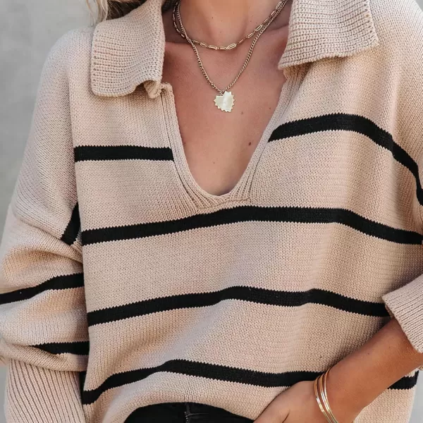 imagechouyatou Womens Fall Casual VNEC Striped Sweater Loose Fit Polo Collared Knit Sweater Jumper TopKhaki