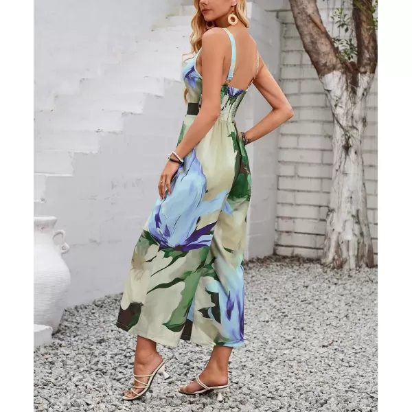 imagechouyatou Womens Floral Print Wide Leg Smocked Jumpsuit Spaghetti Strap Cut Out Romper Overall PantsBlue Green
