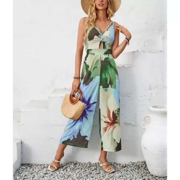 imagechouyatou Womens Floral Print Wide Leg Smocked Jumpsuit Spaghetti Strap Cut Out Romper Overall PantsBlue Green