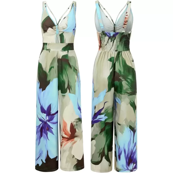 imagechouyatou Womens Floral Print Wide Leg Smocked Jumpsuit Spaghetti Strap Cut Out Romper Overall PantsBlue Green