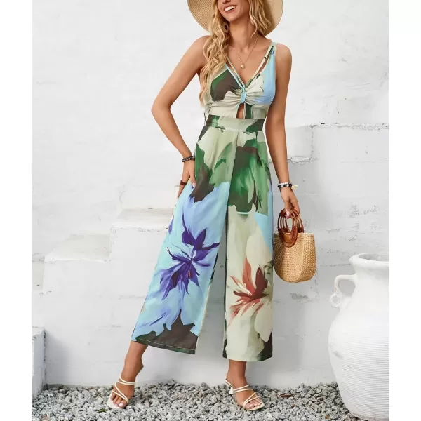 imagechouyatou Womens Floral Print Wide Leg Smocked Jumpsuit Spaghetti Strap Cut Out Romper Overall PantsBlue Green