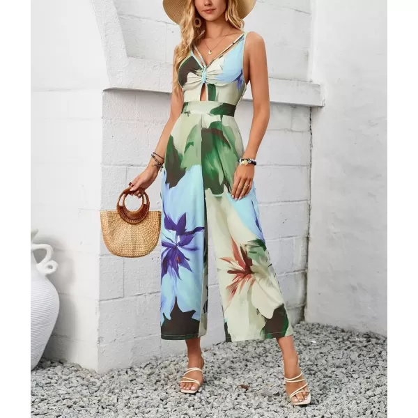 imagechouyatou Womens Floral Print Wide Leg Smocked Jumpsuit Spaghetti Strap Cut Out Romper Overall PantsBlue Green