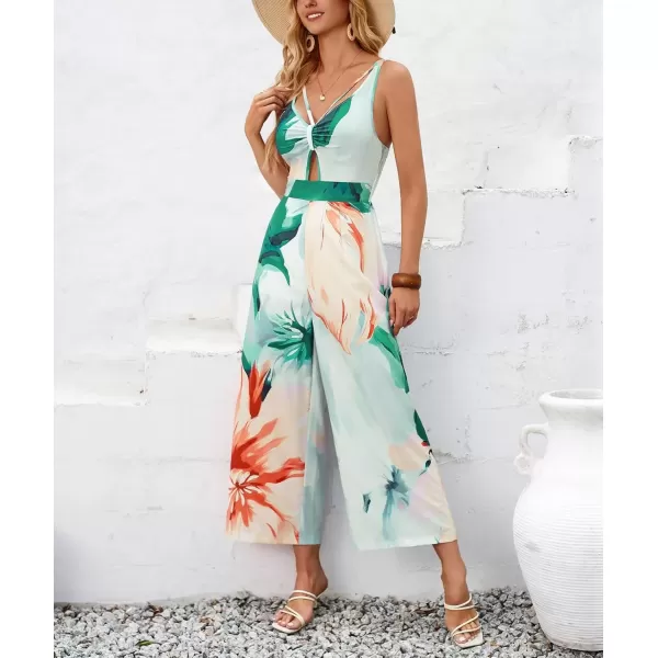 imagechouyatou Womens Floral Print Wide Leg Smocked Jumpsuit Spaghetti Strap Cut Out Romper Overall PantsOrange Green