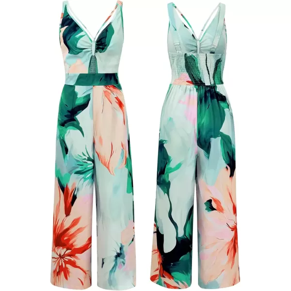 imagechouyatou Womens Floral Print Wide Leg Smocked Jumpsuit Spaghetti Strap Cut Out Romper Overall PantsOrange Green