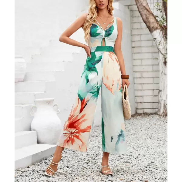 imagechouyatou Womens Floral Print Wide Leg Smocked Jumpsuit Spaghetti Strap Cut Out Romper Overall PantsOrange Green