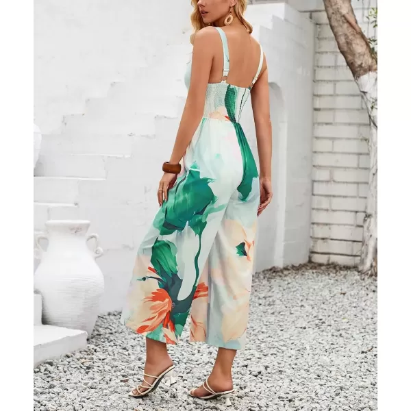 imagechouyatou Womens Floral Print Wide Leg Smocked Jumpsuit Spaghetti Strap Cut Out Romper Overall PantsOrange Green
