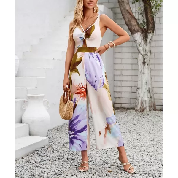 imagechouyatou Womens Floral Print Wide Leg Smocked Jumpsuit Spaghetti Strap Cut Out Romper Overall PantsPurple