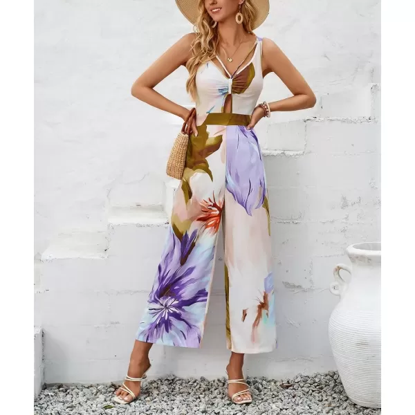 imagechouyatou Womens Floral Print Wide Leg Smocked Jumpsuit Spaghetti Strap Cut Out Romper Overall PantsPurple
