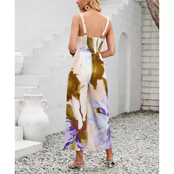 imagechouyatou Womens Floral Print Wide Leg Smocked Jumpsuit Spaghetti Strap Cut Out Romper Overall PantsPurple