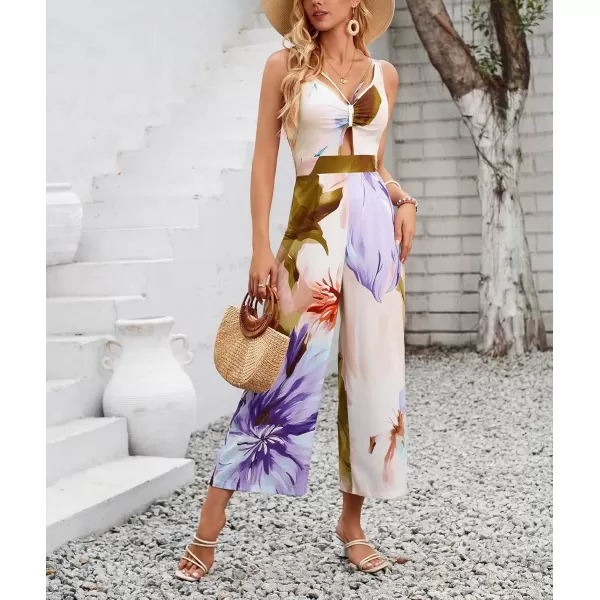 imagechouyatou Womens Floral Print Wide Leg Smocked Jumpsuit Spaghetti Strap Cut Out Romper Overall PantsPurple