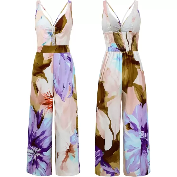 imagechouyatou Womens Floral Print Wide Leg Smocked Jumpsuit Spaghetti Strap Cut Out Romper Overall PantsPurple