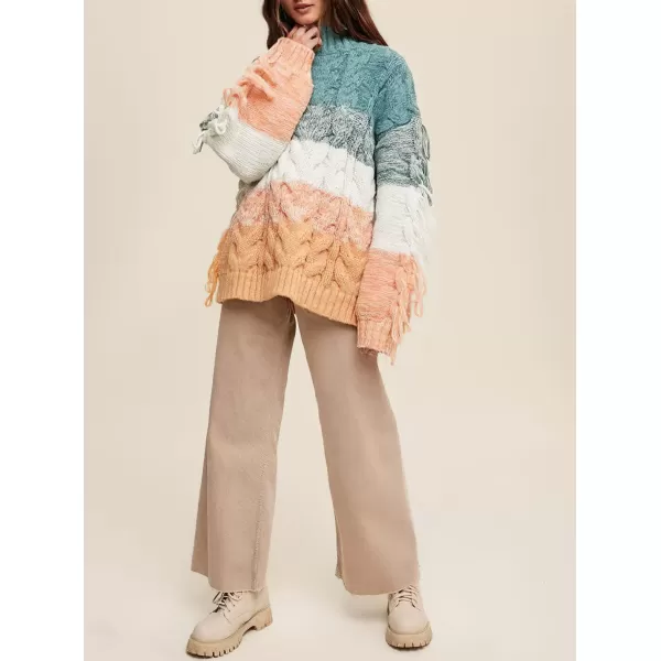 imagechouyatou Womens Oversized Color Block Striped Tassels Fringe Cable Knit Pullover Sweater Jumper TopGreen