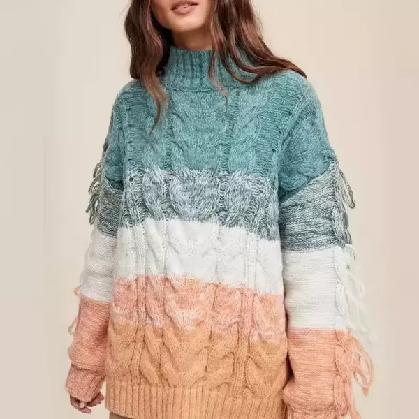 imagechouyatou Womens Oversized Color Block Striped Tassels Fringe Cable Knit Pullover Sweater Jumper TopGreen