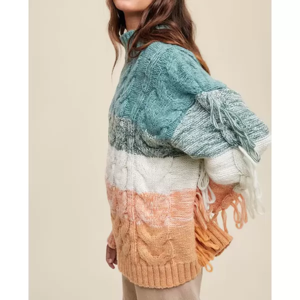 imagechouyatou Womens Oversized Color Block Striped Tassels Fringe Cable Knit Pullover Sweater Jumper TopGreen