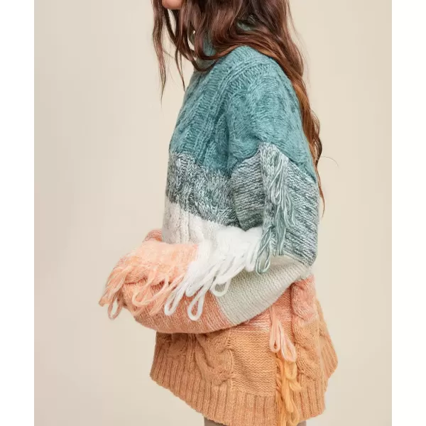 imagechouyatou Womens Oversized Color Block Striped Tassels Fringe Cable Knit Pullover Sweater Jumper TopGreen