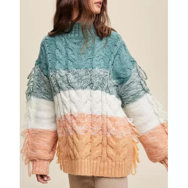 imagechouyatou Womens Oversized Color Block Striped Tassels Fringe Cable Knit Pullover Sweater Jumper TopGreen