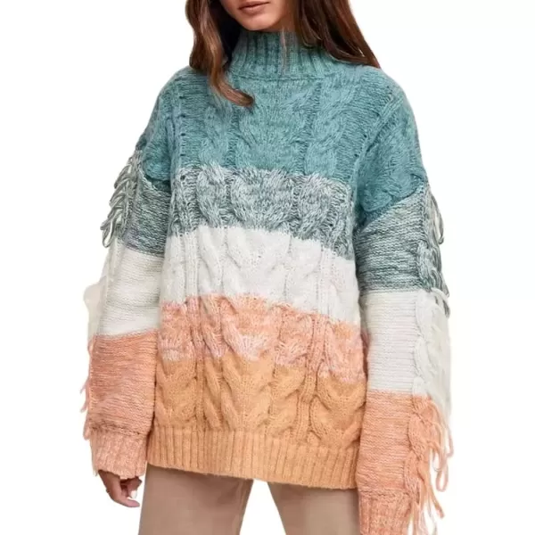 imagechouyatou Womens Oversized Color Block Striped Tassels Fringe Cable Knit Pullover Sweater Jumper TopGreen