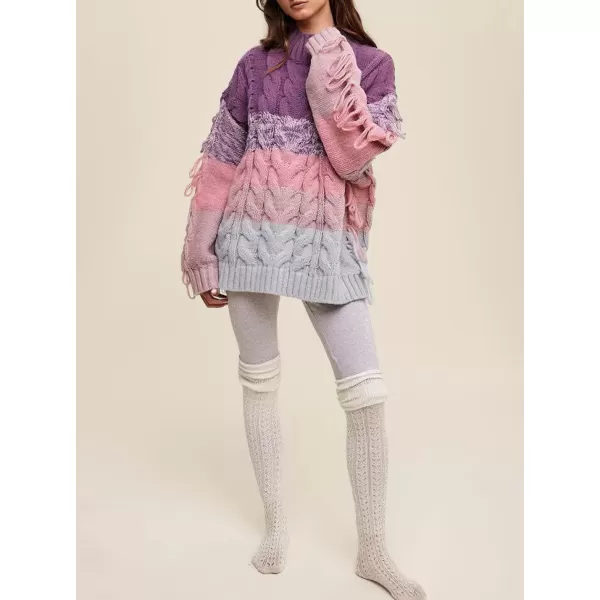 imagechouyatou Womens Oversized Color Block Striped Tassels Fringe Cable Knit Pullover Sweater Jumper TopPurple