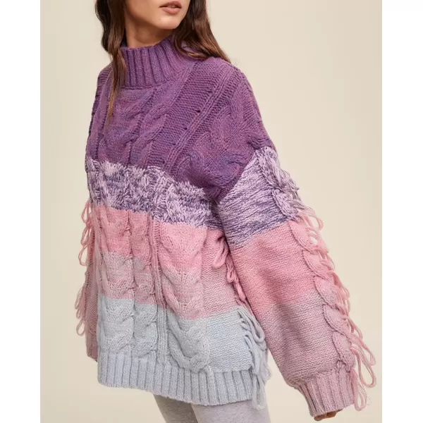 imagechouyatou Womens Oversized Color Block Striped Tassels Fringe Cable Knit Pullover Sweater Jumper TopPurple