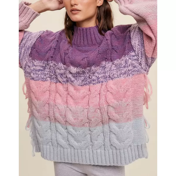 imagechouyatou Womens Oversized Color Block Striped Tassels Fringe Cable Knit Pullover Sweater Jumper TopPurple