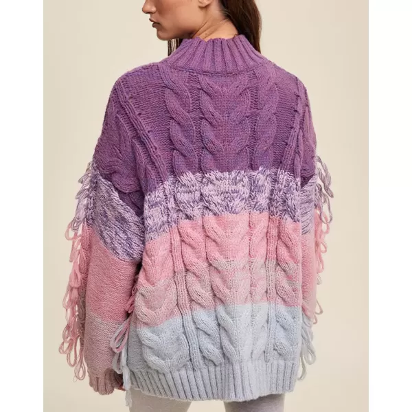 imagechouyatou Womens Oversized Color Block Striped Tassels Fringe Cable Knit Pullover Sweater Jumper TopPurple