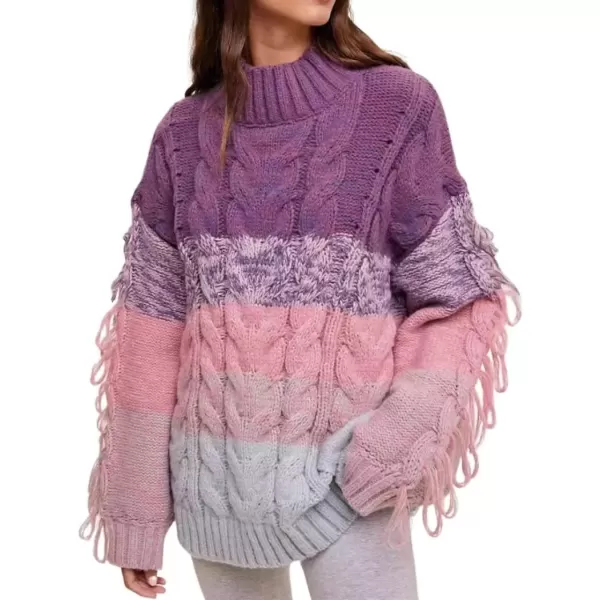 imagechouyatou Womens Oversized Color Block Striped Tassels Fringe Cable Knit Pullover Sweater Jumper TopPurple