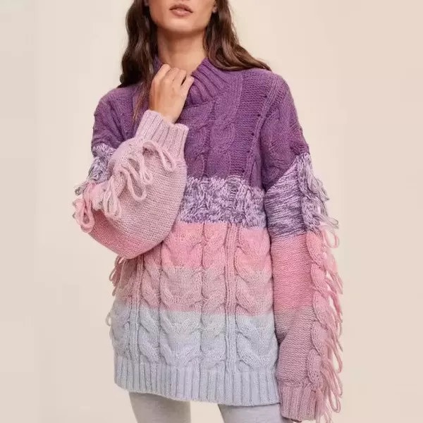 imagechouyatou Womens Oversized Color Block Striped Tassels Fringe Cable Knit Pullover Sweater Jumper TopPurple