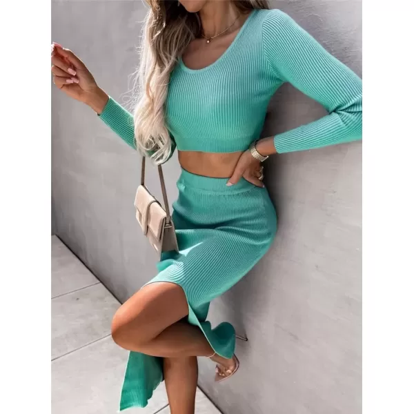 imagechouyatou Womens Sexy Bodycon Ribbed Knit Sweater Sets Crop Top and High Slit Skirt Sets 2 Piece OutfitsLake Blue