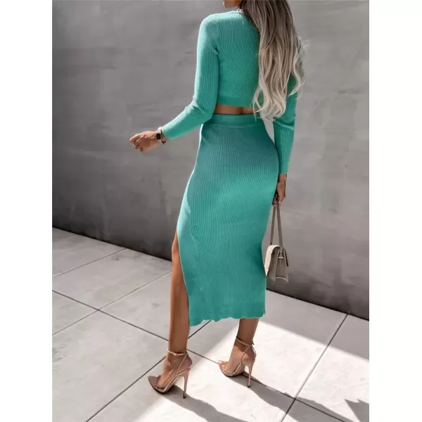 imagechouyatou Womens Sexy Bodycon Ribbed Knit Sweater Sets Crop Top and High Slit Skirt Sets 2 Piece OutfitsLake Blue