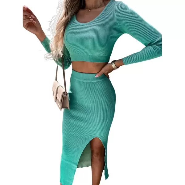imagechouyatou Womens Sexy Bodycon Ribbed Knit Sweater Sets Crop Top and High Slit Skirt Sets 2 Piece OutfitsLake Blue