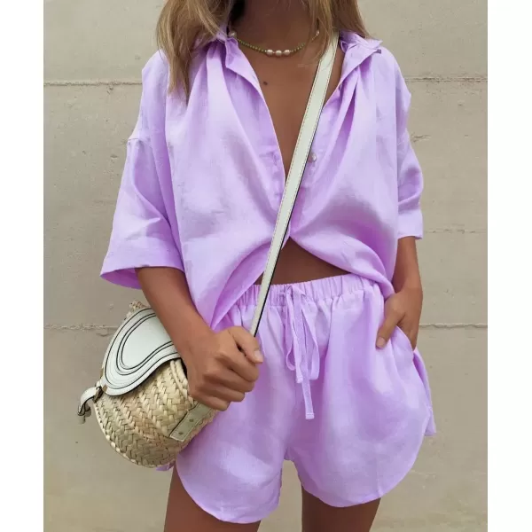 imagechouyatou Womens Summer 2 Piece Outfits Oversized Short Sleeve Shirt and Shorts SetsPurple