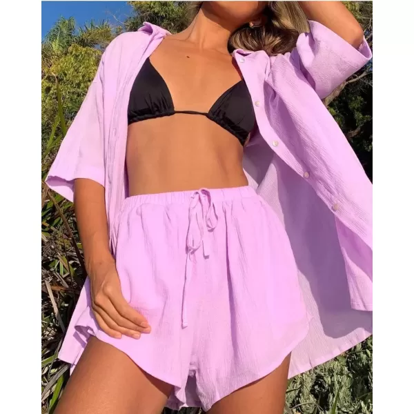 imagechouyatou Womens Summer 2 Piece Outfits Oversized Short Sleeve Shirt and Shorts SetsPurple