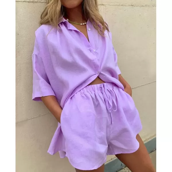 imagechouyatou Womens Summer 2 Piece Outfits Oversized Short Sleeve Shirt and Shorts SetsPurple
