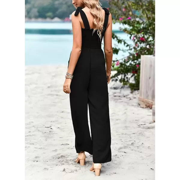 imagechouyatou Womens Summer Casual Sleeveless High Waist Jumpsuits Tie Shoulder Smoked Overall RompersBlack