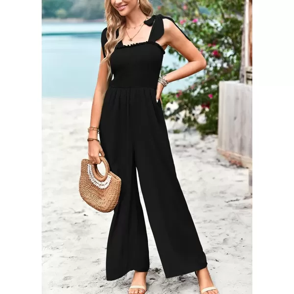 imagechouyatou Womens Summer Casual Sleeveless High Waist Jumpsuits Tie Shoulder Smoked Overall RompersBlack