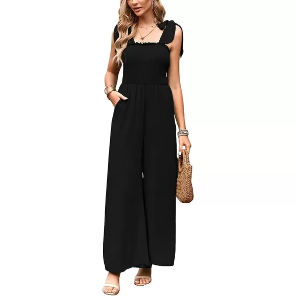 imagechouyatou Womens Summer Casual Sleeveless High Waist Jumpsuits Tie Shoulder Smoked Overall RompersBlack